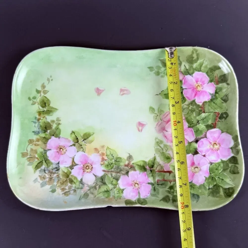 Antique French Limoges Porcelain Dish Vanity Tray Hand Painted Wild Roses Signed